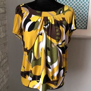 Alyx XLG round neck, yellow, green, brown blouse.